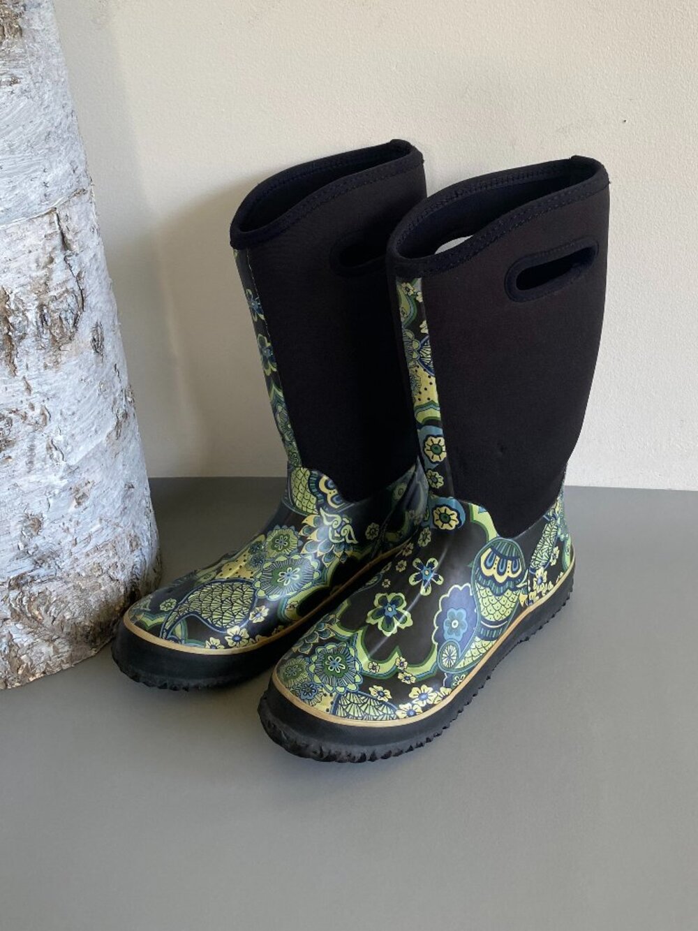 Women's Waterproof Neoprene Garden Rain Boots Retro Floral Folk Art Print Sz 10